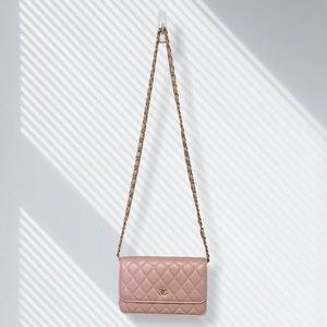 baby pink sheepskin soft leather wallet on a chain